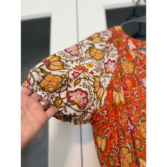 dRA Los Angeles Floral Tiered Midi Dress Smocked Waist Puff-Sleeve Orange Large - Picture 5 of 11